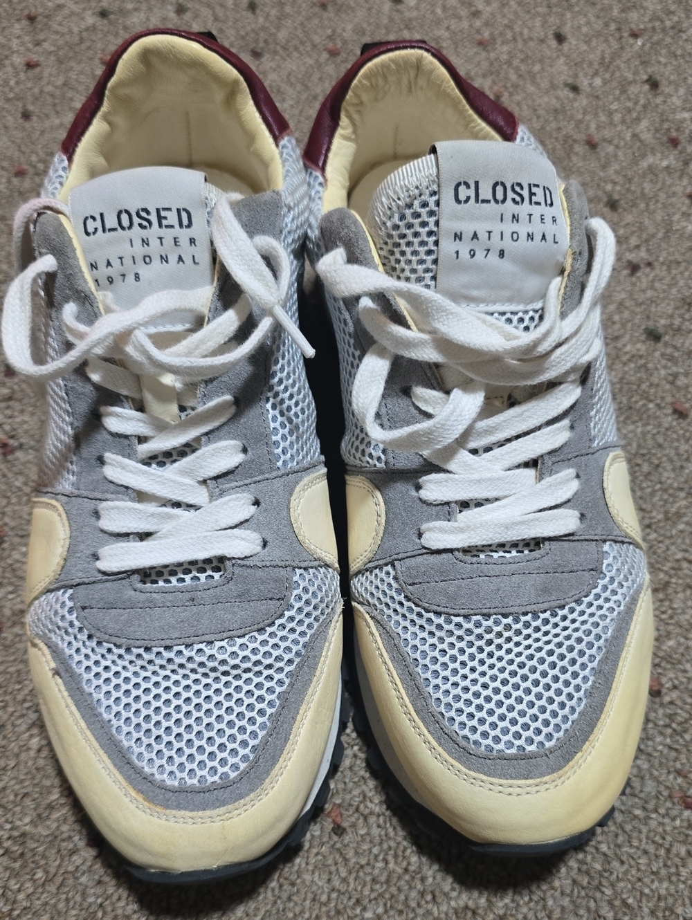 Closed Womes Mesh & Suede Sneakers in Gray, Cream & Burgundy(OBO)